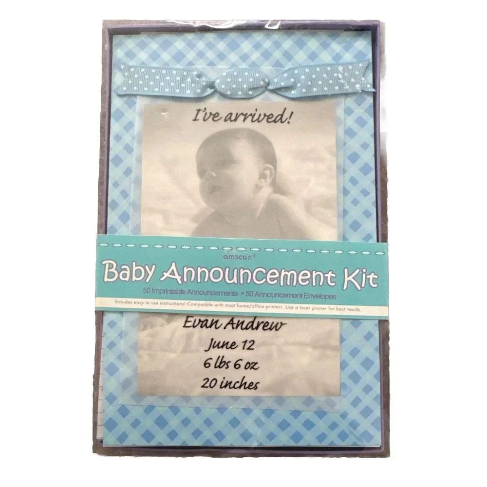Baby Shower Blue Gingham Argyle Plaid‎ Party Cards Birth Announcement Kit - NIB